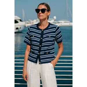 J.Crew Cashmere Short Sleeve Cardigan in Blue Stripes Gold Buttons Nautical XL